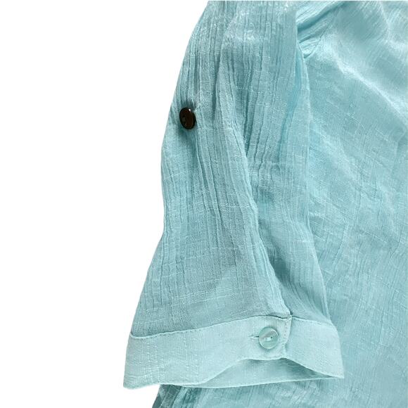 Iz Byer Henley Gauzy Crepe Tunic Top Blouse 3/4 Roll Tab Sleeve Light Blue XL - Picture 6 of 15